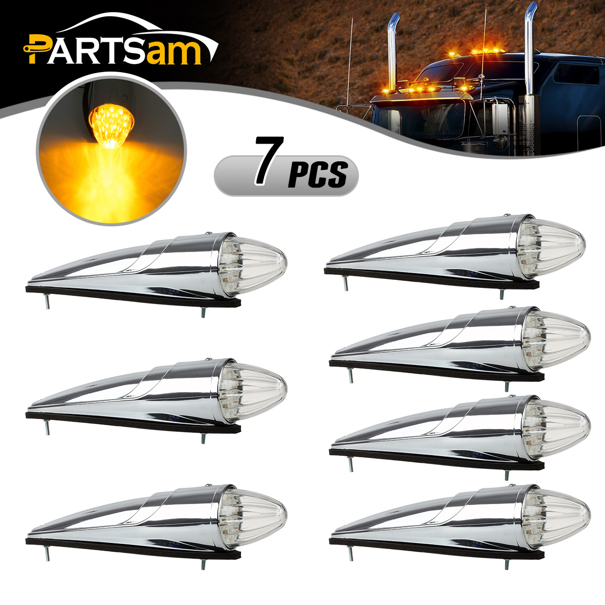 7xAmber 17LED Torpedo Cab Marker Roof Running Top Light For Peterbilt